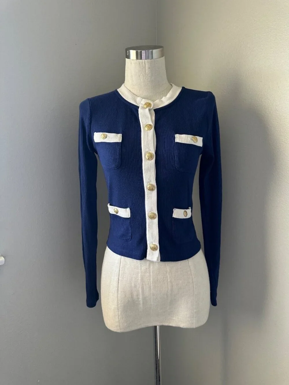 J.Crew Navy & White Ribbed Cardigan Sweater Long Sleeve Preppy Chic Sz XS